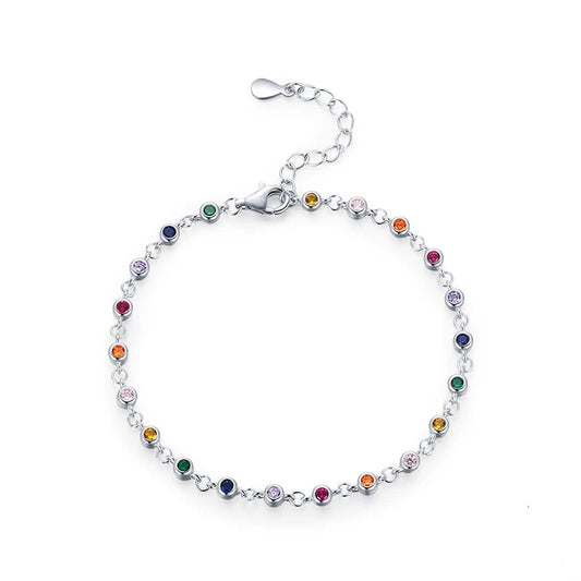 Exquisite Bohemia Style Charm Bracelet for Women in Real 925 Sterling Silver, Featuring Dazzling Rainbow CZ Stones - A Stunning Fashion Jewelry Accessory