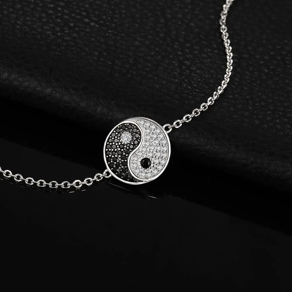 Elegant Tai Chi Yin Yang 925 Sterling Silver Chain Link Bracelet for Women Adorned with Natural Black Spinel Gemstone