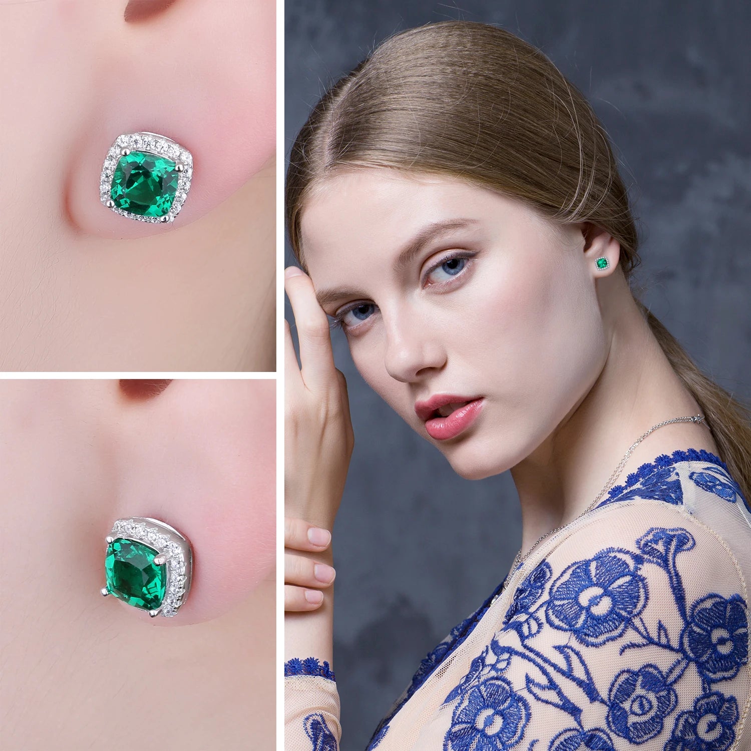 Radiant Created Nano Emerald Stud Earrings in 925 Sterling Silver - Elegant Fashion Jewelry for Women