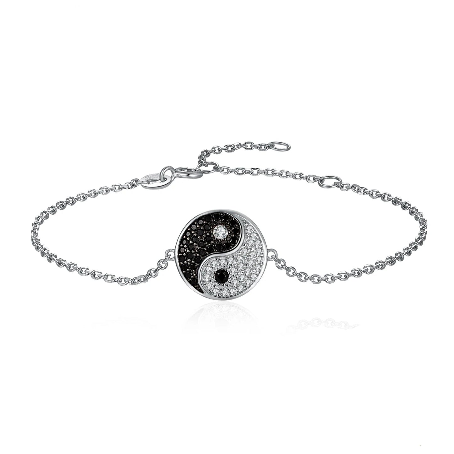 Elegant Tai Chi Yin Yang 925 Sterling Silver Chain Link Bracelet for Women Adorned with Natural Black Spinel Gemstone