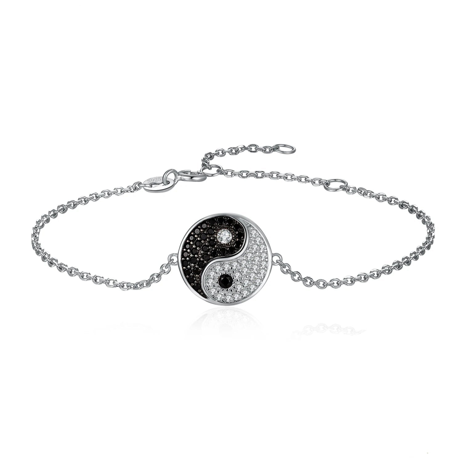 Elegant Tai Chi Yin Yang 925 Sterling Silver Chain Link Bracelet for Women Adorned with Natural Black Spinel Gemstone