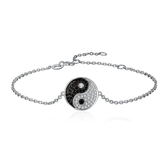 Elegant Tai Chi Yin Yang 925 Sterling Silver Chain Link Bracelet for Women Adorned with Natural Black Spinel Gemstone