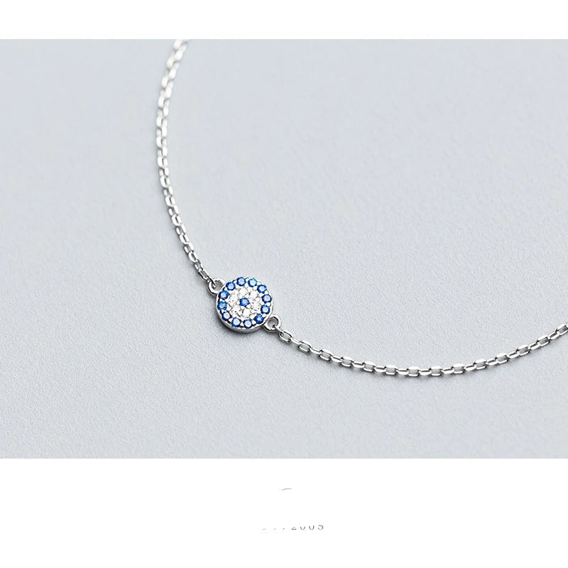 Exquisite Round Eyes Chain Bracelet in 100% Authentic 925 Sterling Silver Featuring Blue Crystal Accents - A Stunning Fashion Accessory for Women and Girls