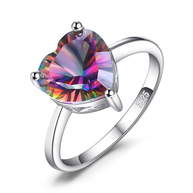 Exquisite Heart-Shaped Rainbow Mystic Quartz Solitaire Ring in 925 Sterling Silver for Women - A Colorful Gemstone Statement for Engagement and Special Occasions