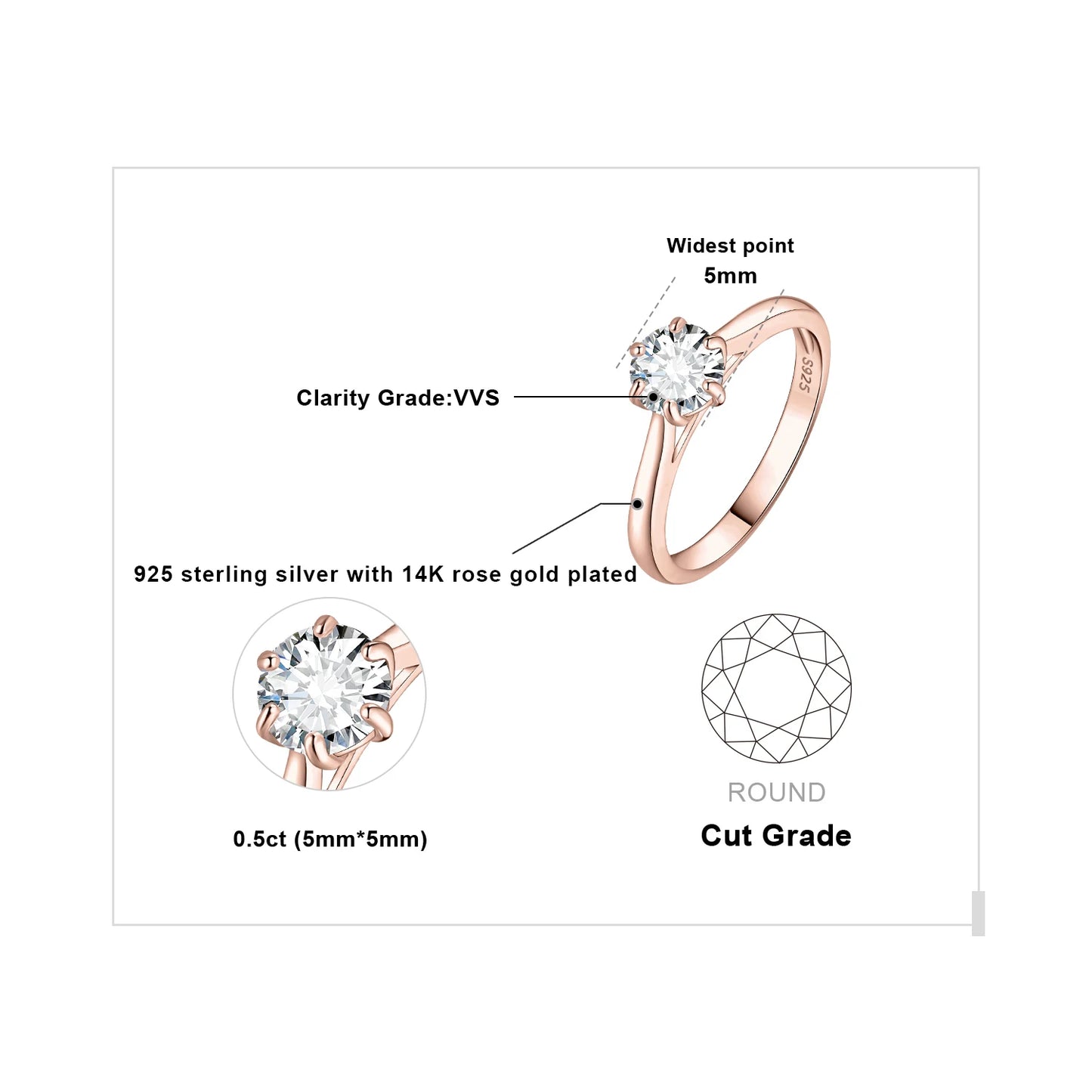 Exquisite Moissanite D Color Solitaire Round Cut Engagement and Wedding Ring in S925 Sterling Silver - Available in 0.5Ct, 1Ct, 1.5Ct, and 2Ct for Women