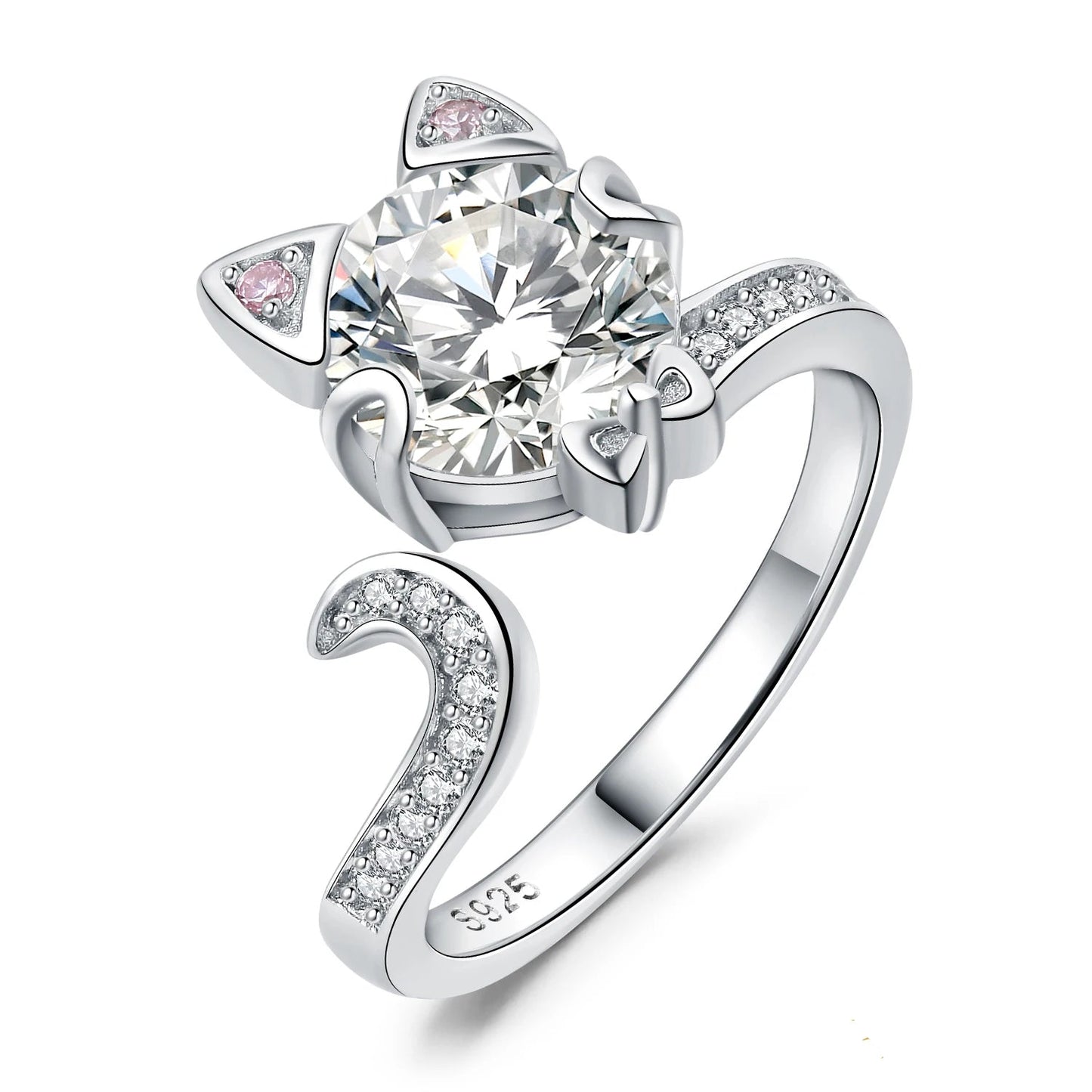 Exquisite 3Ct Love Cat Round Gemstone Adjustable Ring in 925 Sterling Silver for Women - Perfect for Any Occasion