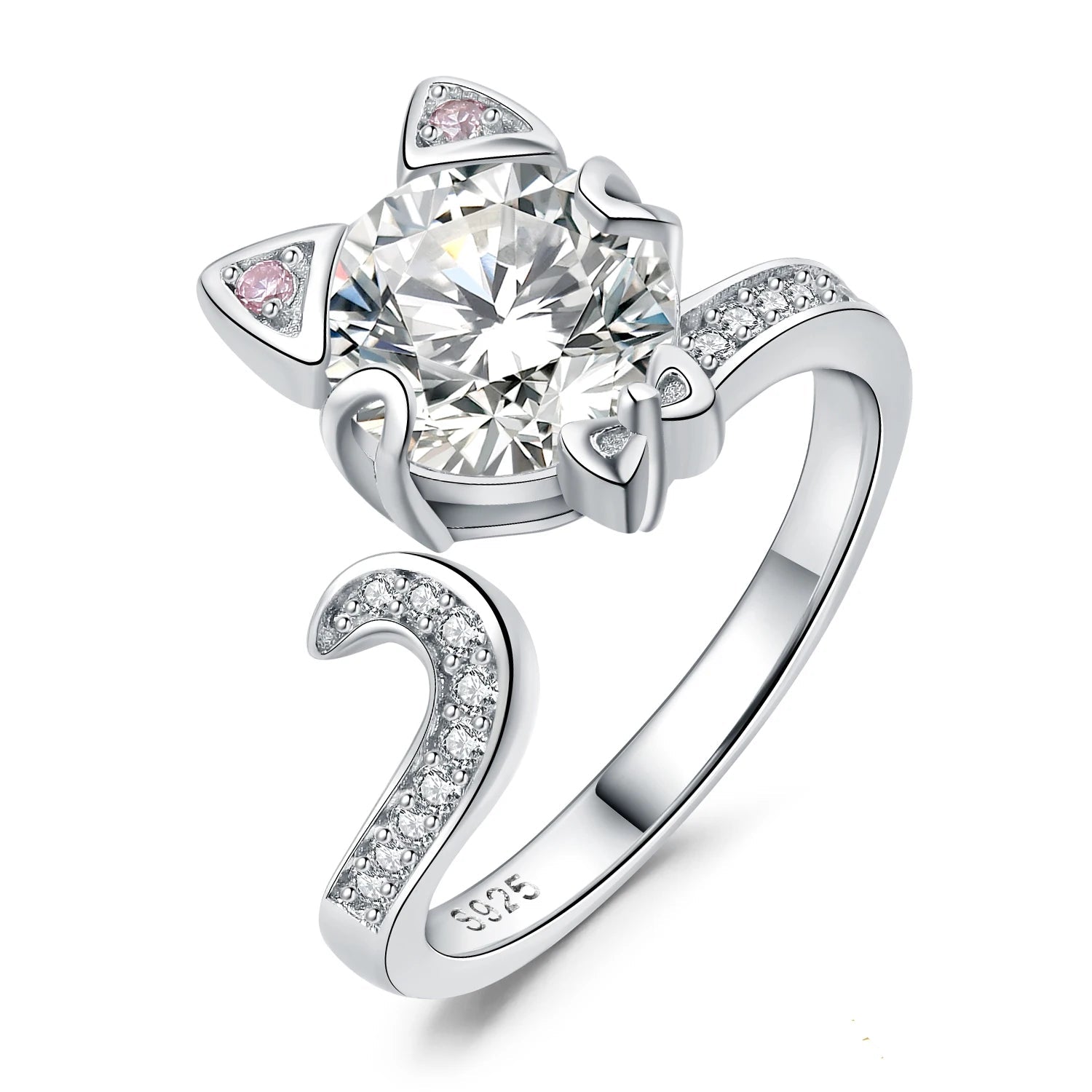 Exquisite 3Ct Love Cat Round Gemstone Adjustable Ring in 925 Sterling Silver for Women - Perfect for Any Occasion