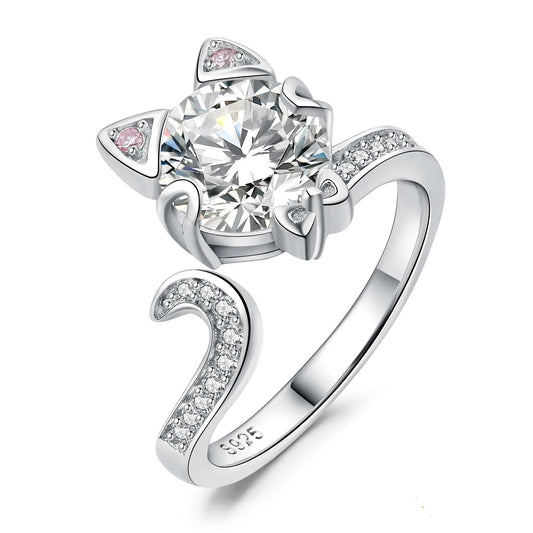 Exquisite 3Ct Love Cat Round Gemstone Adjustable Ring in 925 Sterling Silver for Women - Perfect for Any Occasion