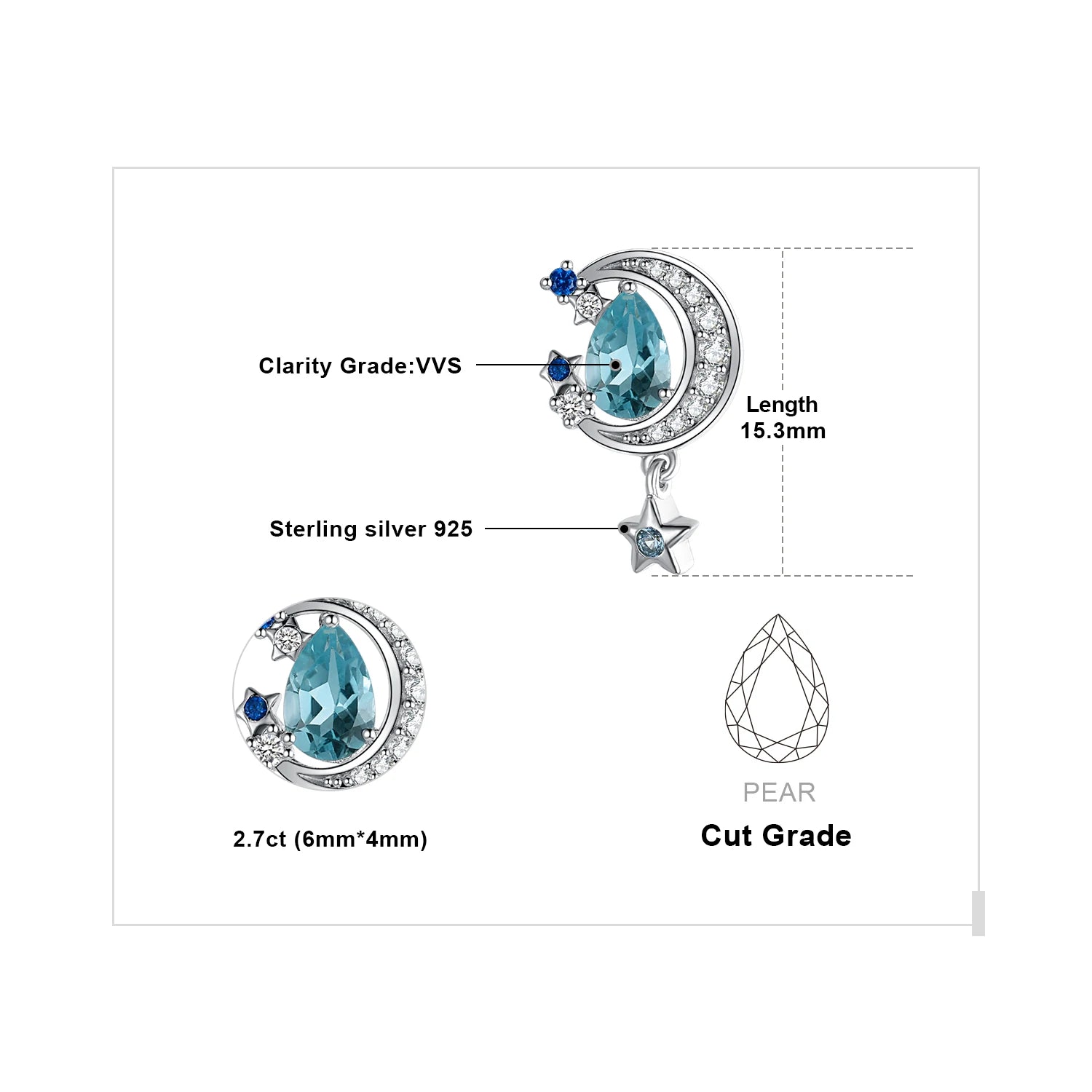 Elegant Moon Star 2.7Ct Genuine Sky Blue Topaz Stud Earrings in 925 Sterling Silver for Women