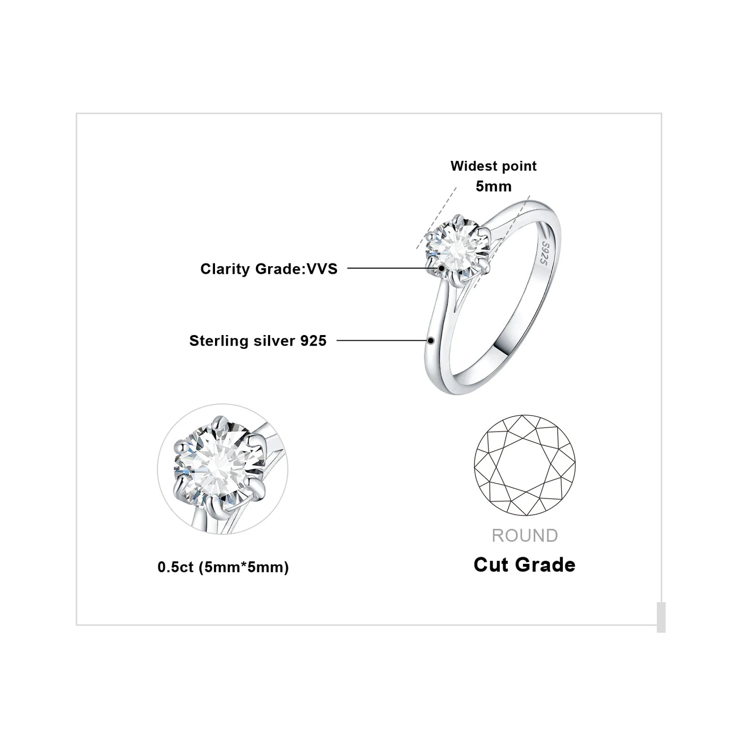Exquisite Moissanite D Color Solitaire Round Cut Engagement and Wedding Ring in S925 Sterling Silver - Available in 0.5Ct, 1Ct, 1.5Ct, and 2Ct for Women