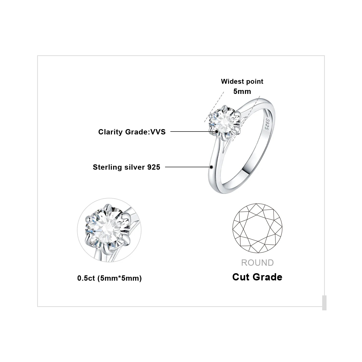 Exquisite Moissanite D Color Solitaire Round Cut Engagement and Wedding Ring in S925 Sterling Silver - Available in 0.5Ct, 1Ct, 1.5Ct, and 2Ct for Women