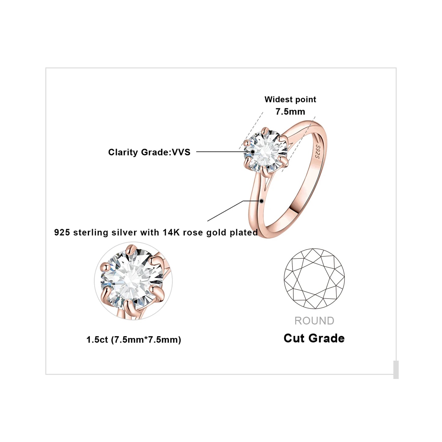 Exquisite Moissanite D Color Solitaire Round Cut Engagement and Wedding Ring in S925 Sterling Silver - Available in 0.5Ct, 1Ct, 1.5Ct, and 2Ct for Women