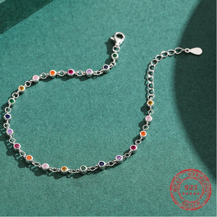 Exquisite Bohemia Style Charm Bracelet for Women in Real 925 Sterling Silver, Featuring Dazzling Rainbow CZ Stones - A Stunning Fashion Jewelry Accessory