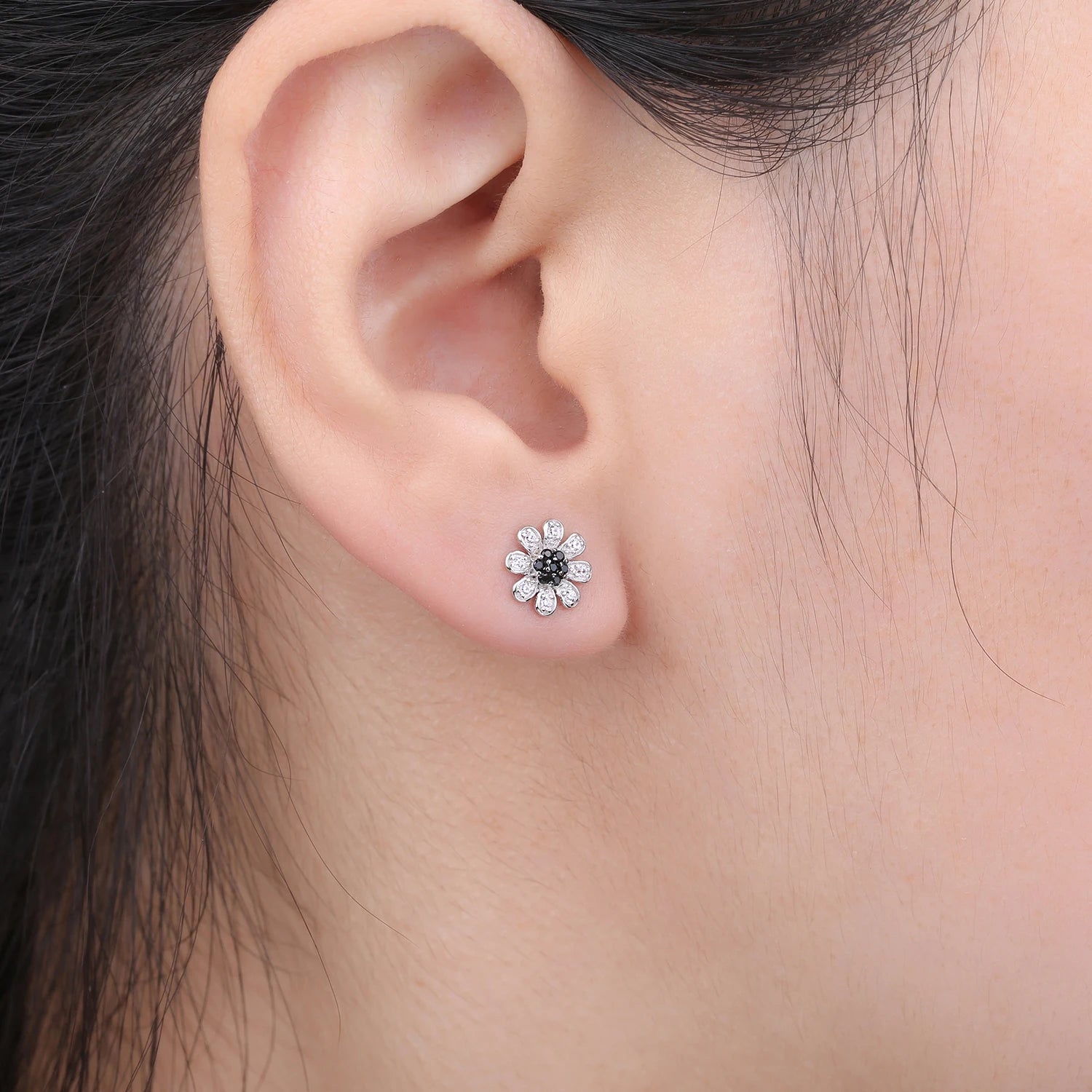 Elegant Flower Design Black Spinel Stud Earrings in Solid 925 Sterling Silver - A Perfect Fine Jewelry Gift for Women