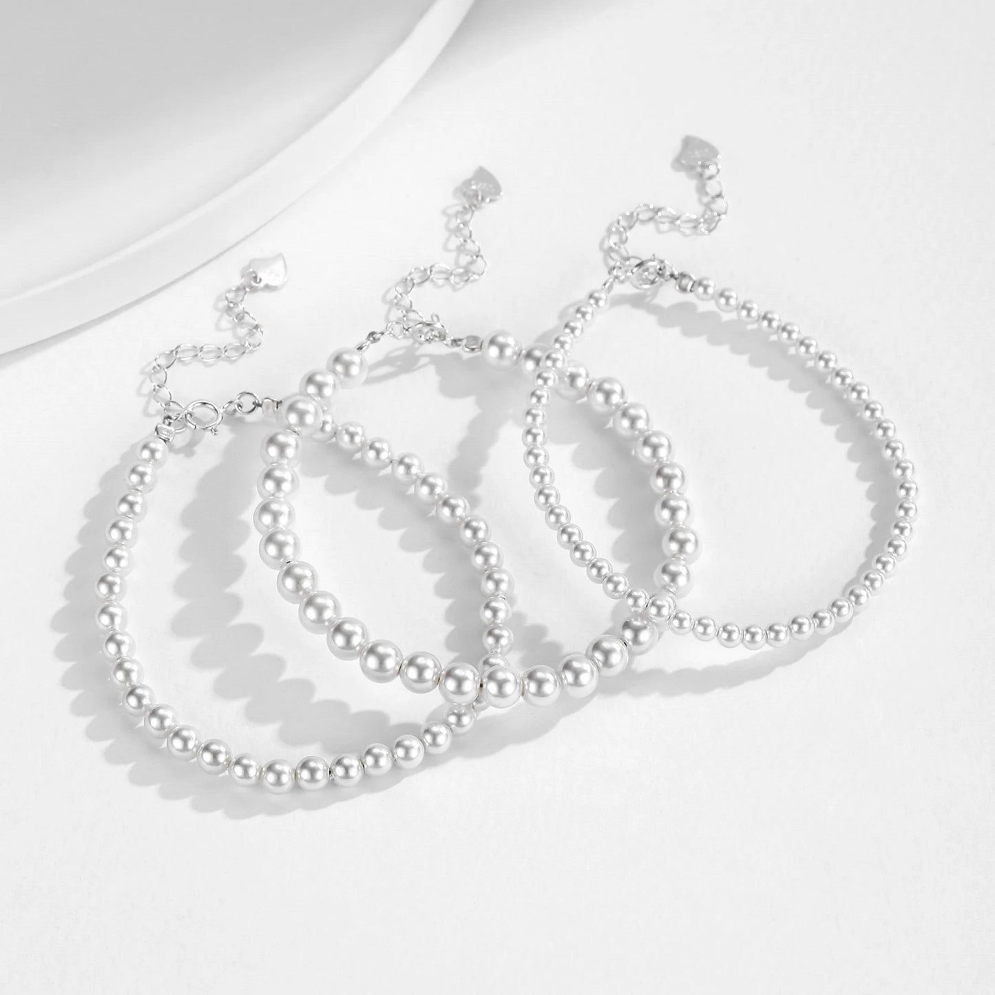 Elegantly Crafted 925 Sterling Silver Stackable Shell Pearl Bracelet - Perfect for Women's Parties and Fine Jewelry Collections