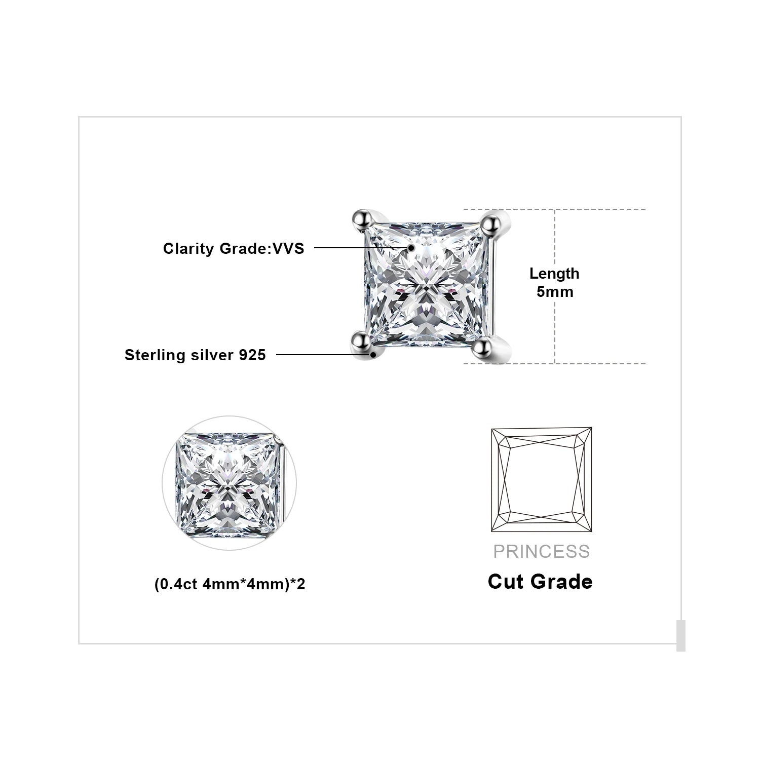 Exquisite Princess Cut 5A Cubic Zirconia Engagement Stud Earrings in 925 Sterling Silver - Perfect for Weddings and Anniversaries