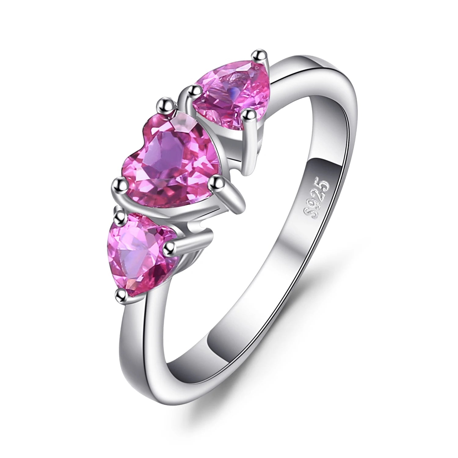 Enchanting Love Heart 1.2Ct Created Pink Sapphire 925 Sterling Silver Three Stone Engagement and Wedding Ring for Women