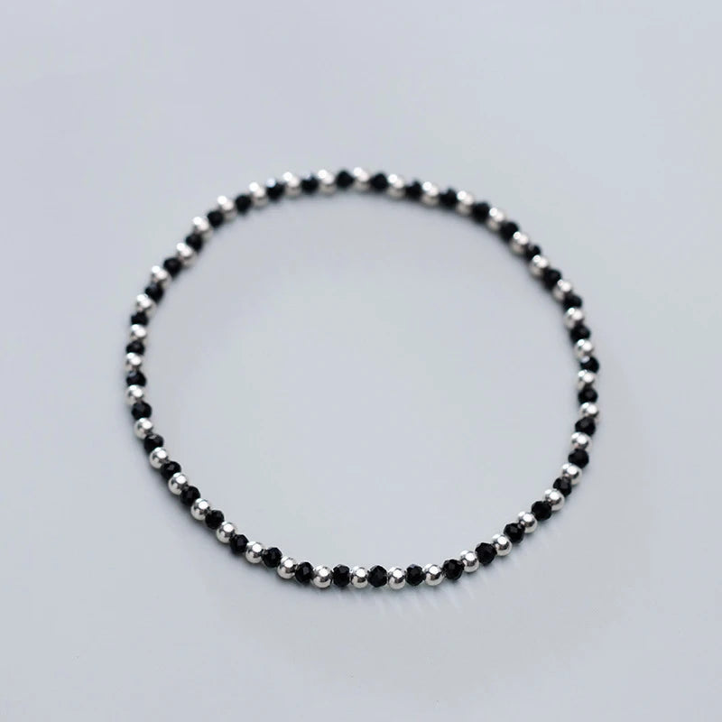 Elegant Black Crystal Ball Strand Bracelet in 925 Sterling Silver - A Sophisticated Gift for Women