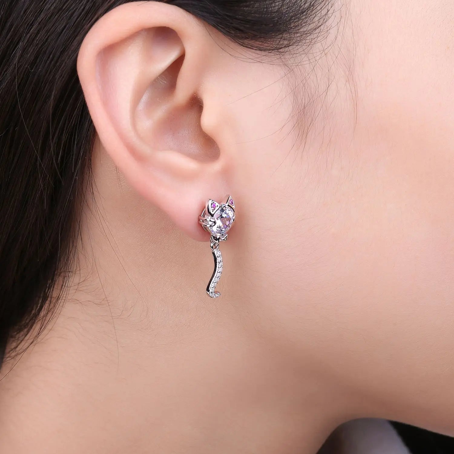 Elegant Love Cat Wagging Tail 4Ct Round Gemstone Stud Earrings in 925 Sterling Silver - Perfect Gift for Women and Girls