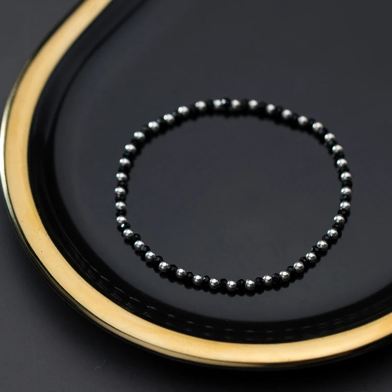 Elegant Black Crystal Ball Strand Bracelet in 925 Sterling Silver - A Sophisticated Gift for Women