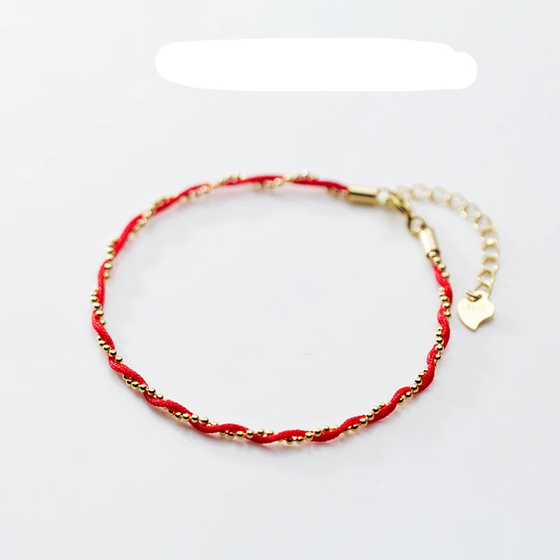 Elegant Red Rope Beads Bracelet for Women - Exquisite Adjustable 925 Sterling Silver Geometric Link Chain Fine Jewelry