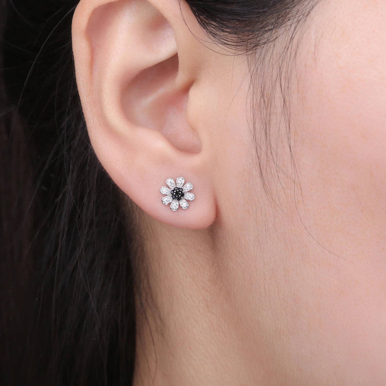 Elegant Flower Design Black Spinel Stud Earrings in Solid 925 Sterling Silver - A Perfect Fine Jewelry Gift for Women