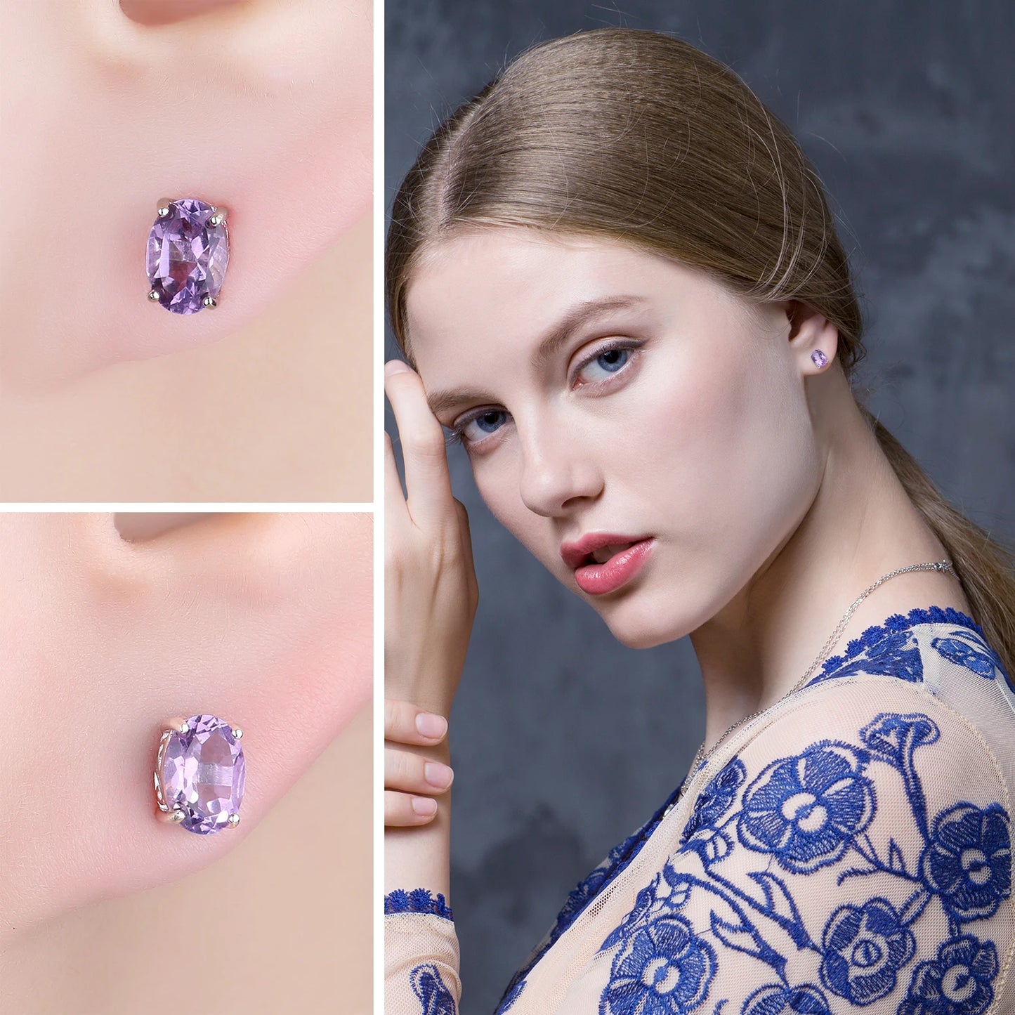 Elegant Oval Natural Amethyst 925 Sterling Silver Stud Earrings for Women - Perfect for Any Occasion