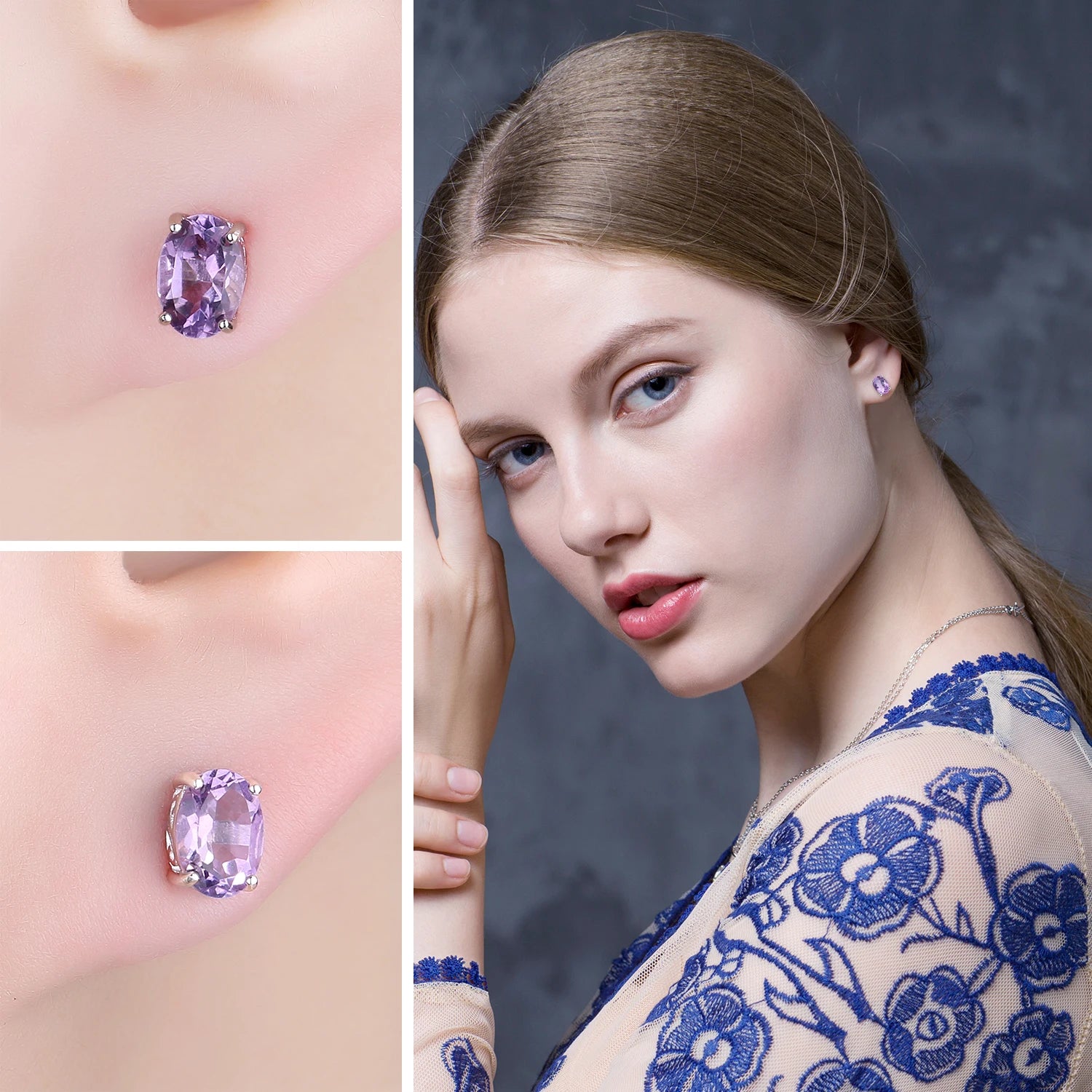 Elegant Oval Natural Amethyst 925 Sterling Silver Stud Earrings for Women - Perfect for Any Occasion