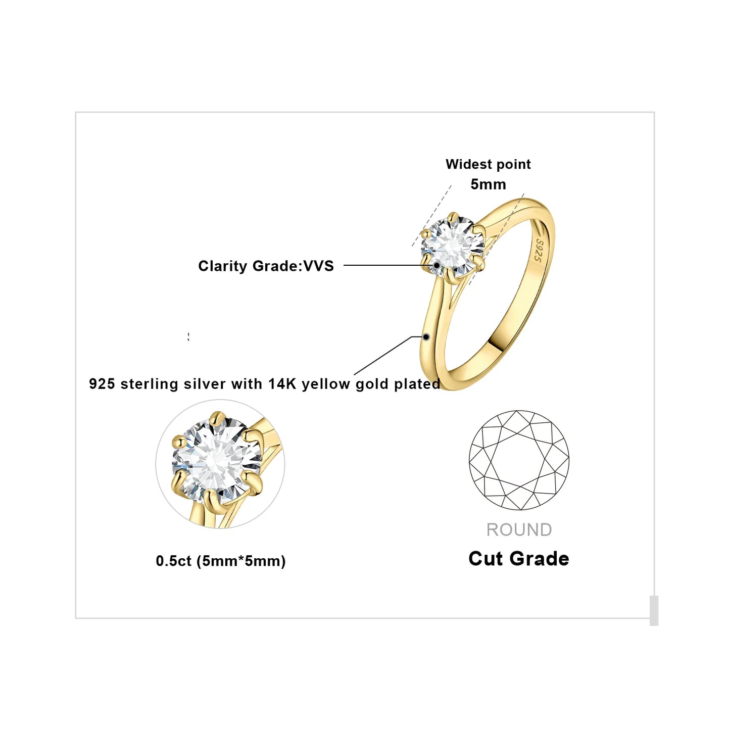 Exquisite Moissanite D Color Solitaire Round Cut Engagement and Wedding Ring in S925 Sterling Silver - Available in 0.5Ct, 1Ct, 1.5Ct, and 2Ct for Women