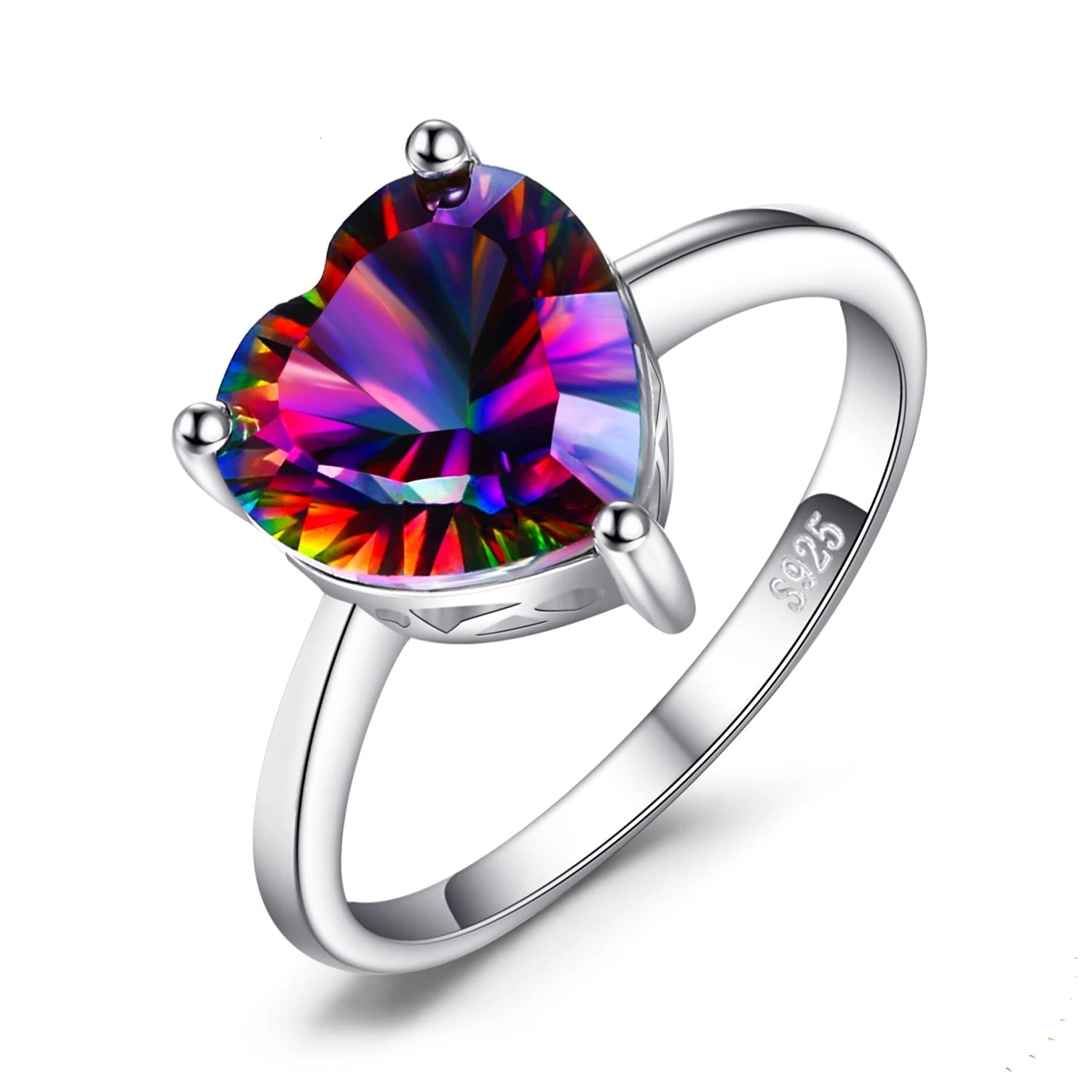 Exquisite Heart-Shaped Rainbow Mystic Quartz Solitaire Ring in 925 Sterling Silver for Women - A Colorful Gemstone Statement for Engagement and Special Occasions