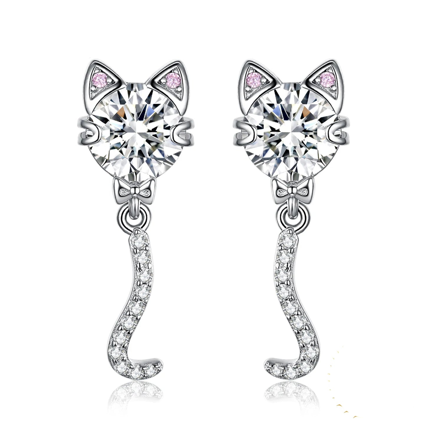 Elegant Love Cat Wagging Tail 4Ct Round Gemstone Stud Earrings in 925 Sterling Silver - Perfect Gift for Women and Girls