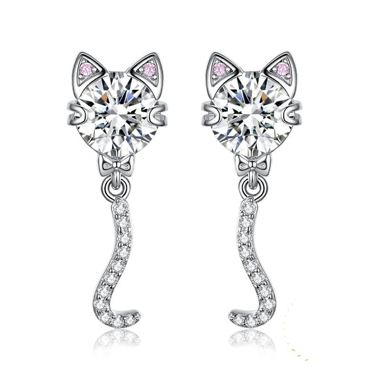 Elegant Love Cat Wagging Tail 4Ct Round Gemstone Stud Earrings in 925 Sterling Silver - Perfect Gift for Women and Girls