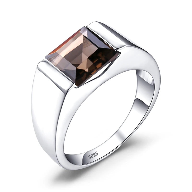 Elegant Natural Smoky Quartz and Ruby Sapphire Simulated Emerald Ring in 925 Sterling Silver for Men - A Perfect Wedding Cocktail Ring