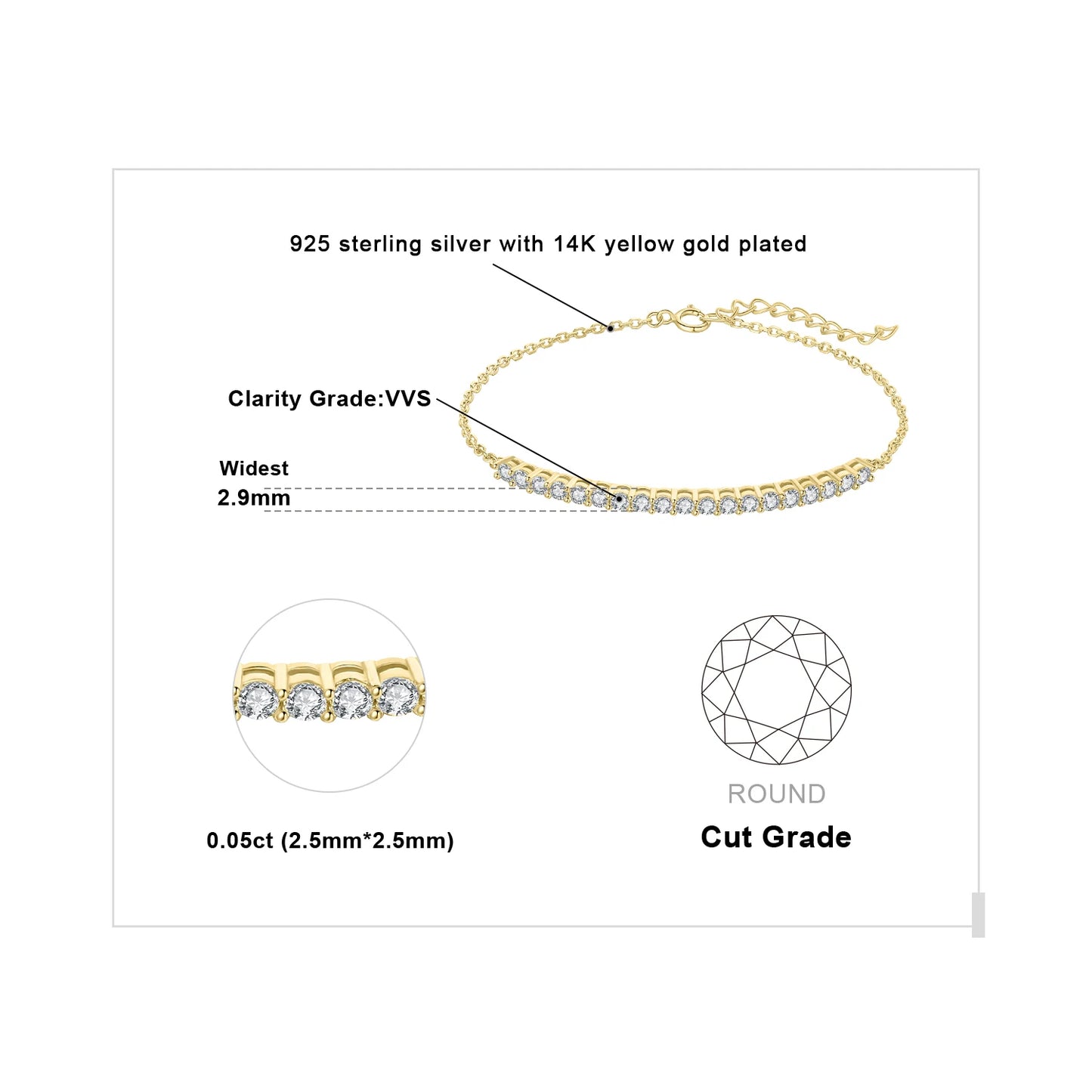 Elegant Moissanite D Color Round Cut 925 Sterling Silver Adjustable Link Bracelet for Women - Yellow Rose Gold Plated