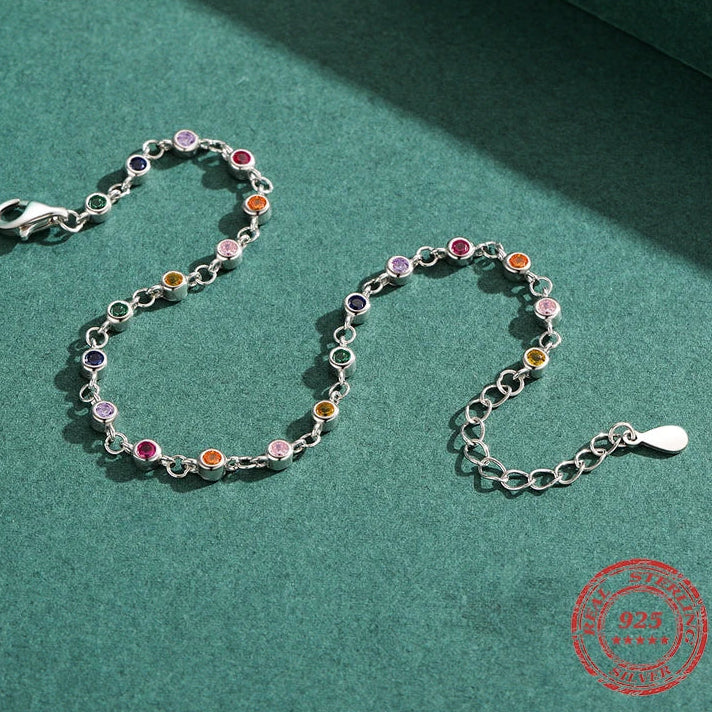 Exquisite Bohemia Style Charm Bracelet for Women in Real 925 Sterling Silver, Featuring Dazzling Rainbow CZ Stones - A Stunning Fashion Jewelry Accessory