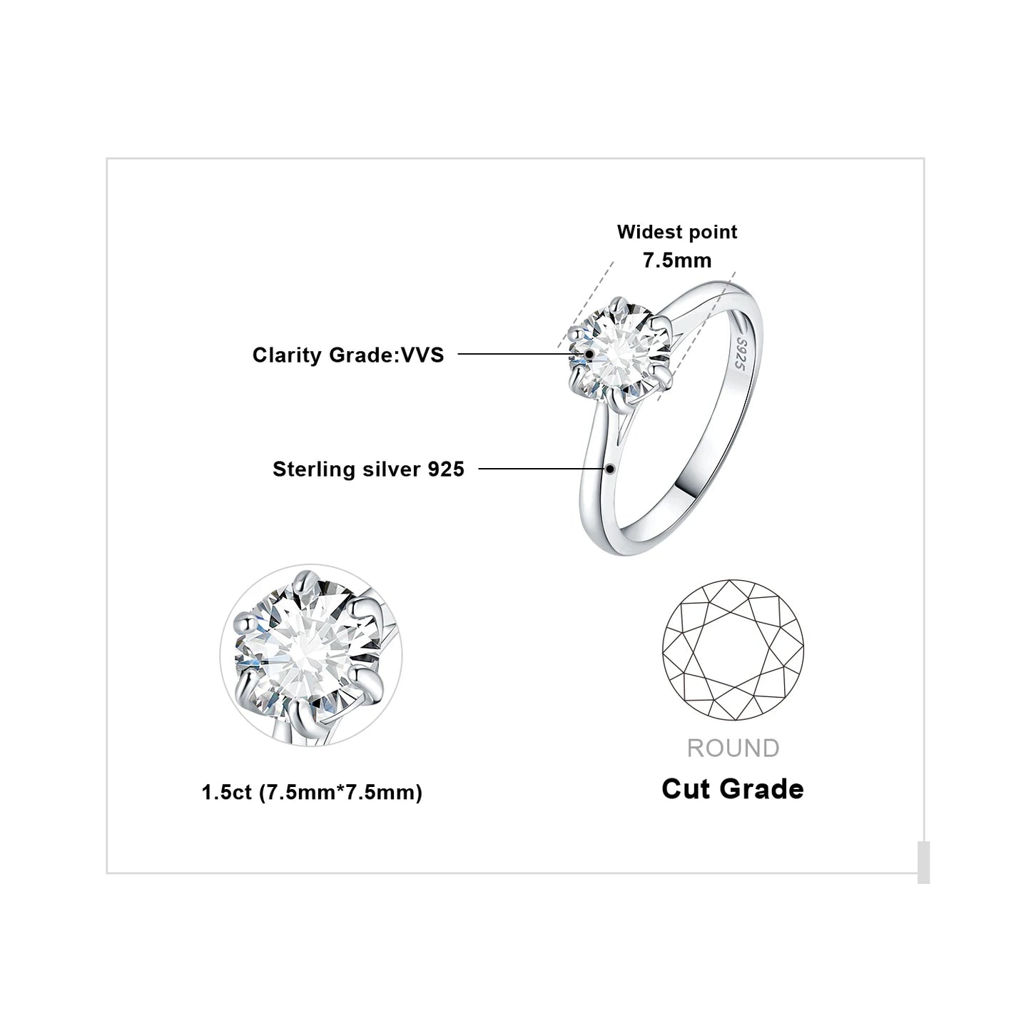 Exquisite Moissanite D Color Solitaire Round Cut Engagement and Wedding Ring in S925 Sterling Silver - Available in 0.5Ct, 1Ct, 1.5Ct, and 2Ct for Women