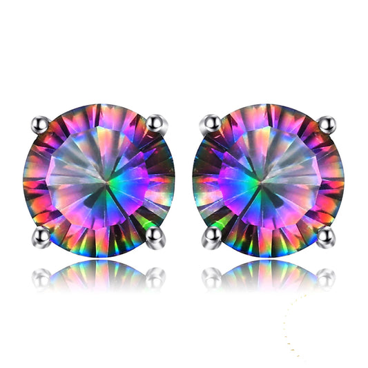 Exquisite Round Genuine Rainbow Mystic Quartz Stud Earrings in 925 Sterling Silver for Women - A Stunning Fashion Statement in Fine Jewelry