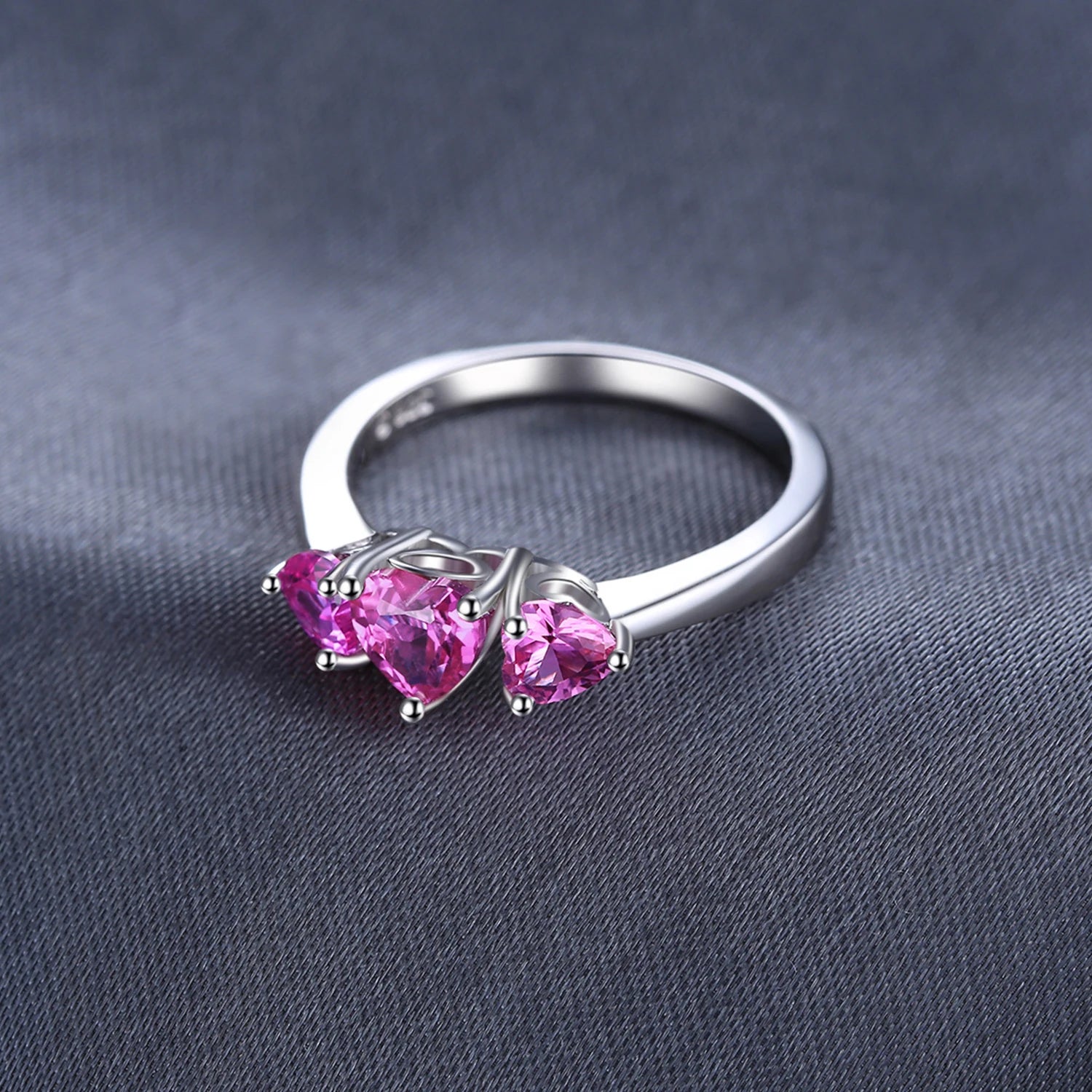 Enchanting Love Heart 1.2Ct Created Pink Sapphire 925 Sterling Silver Three Stone Engagement and Wedding Ring for Women