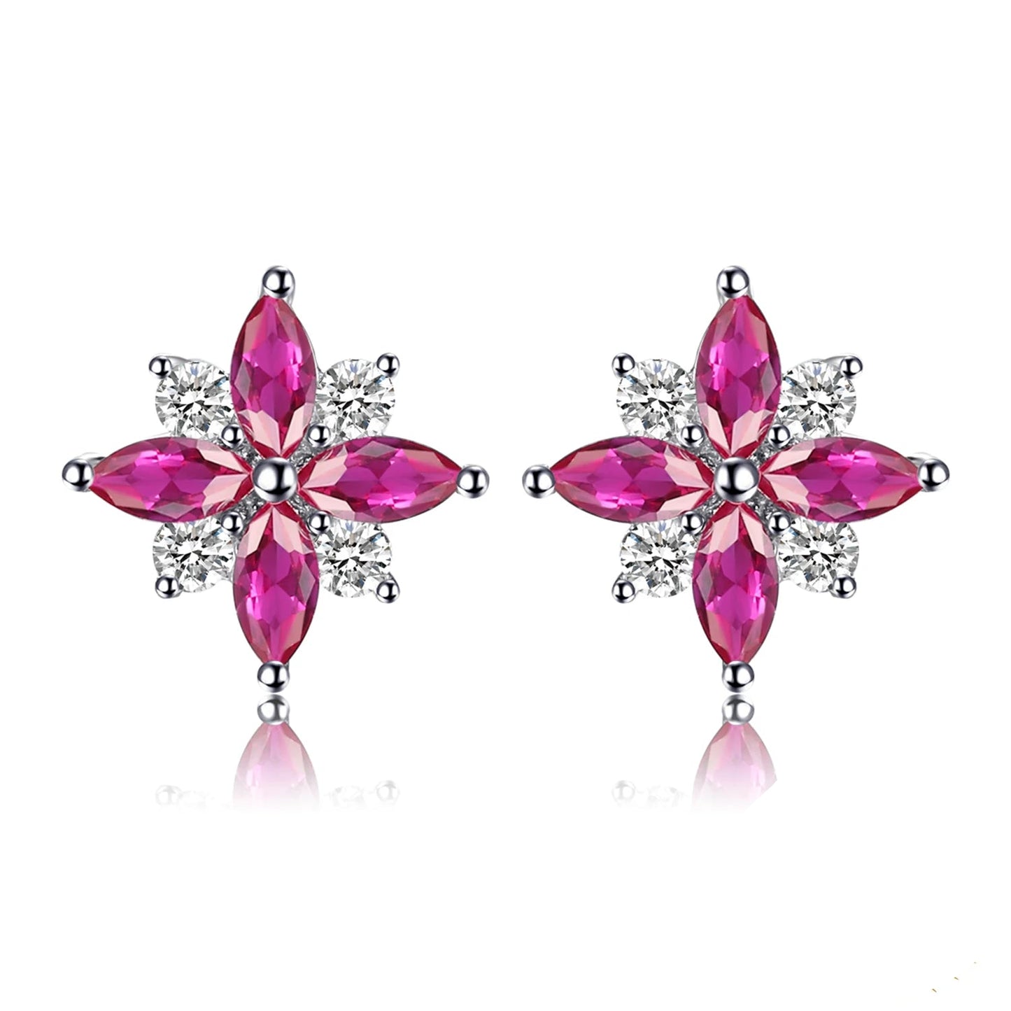 Stunning Ruby Flower Cross 925 Sterling Silver Stud Earrings - Exquisite Gemstone Jewelry for Women, Perfect Birthday Gift