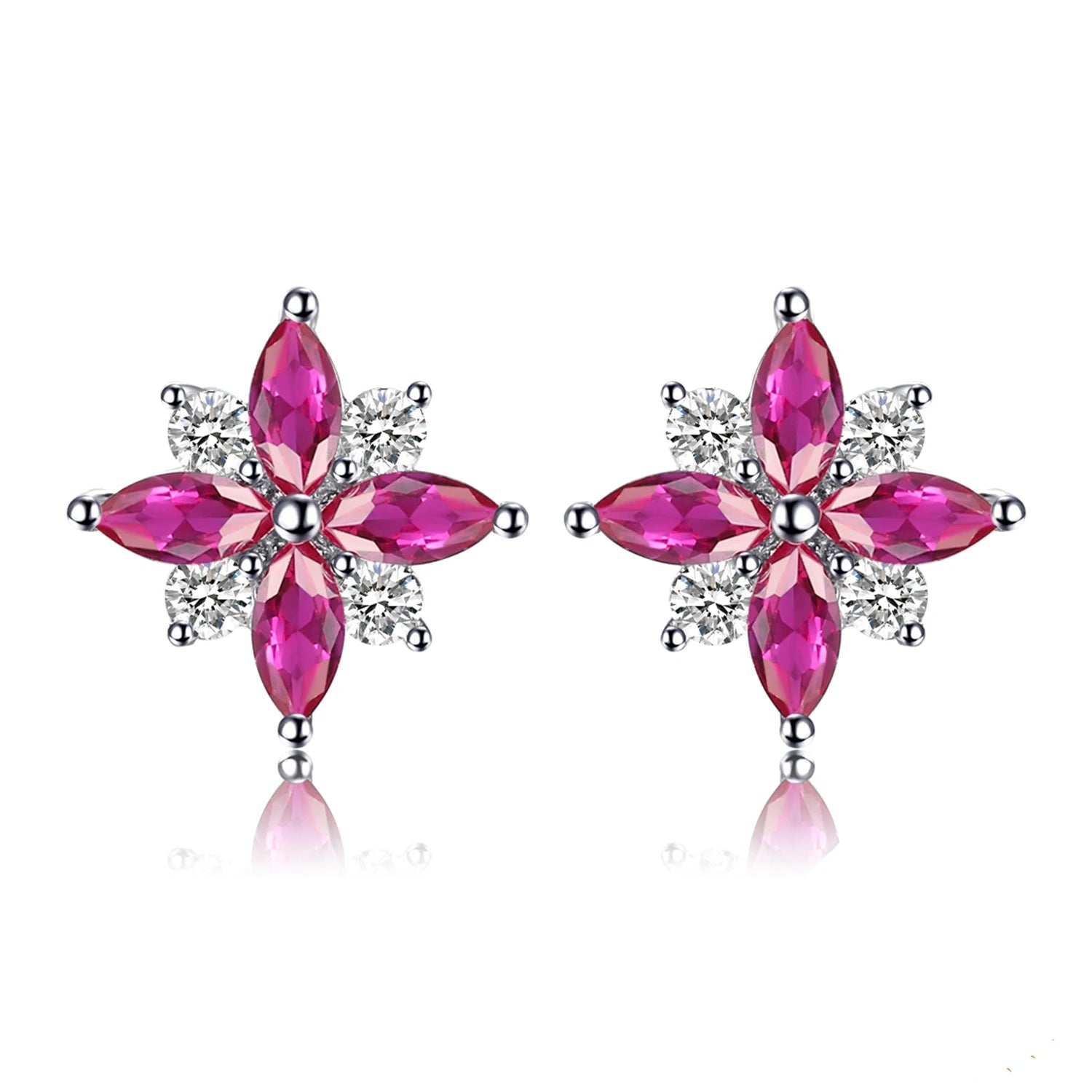 Stunning Ruby Flower Cross 925 Sterling Silver Stud Earrings - Exquisite Gemstone Jewelry for Women, Perfect Birthday Gift