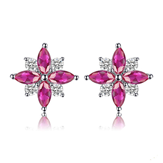 Stunning Ruby Flower Cross 925 Sterling Silver Stud Earrings - Exquisite Gemstone Jewelry for Women, Perfect Birthday Gift