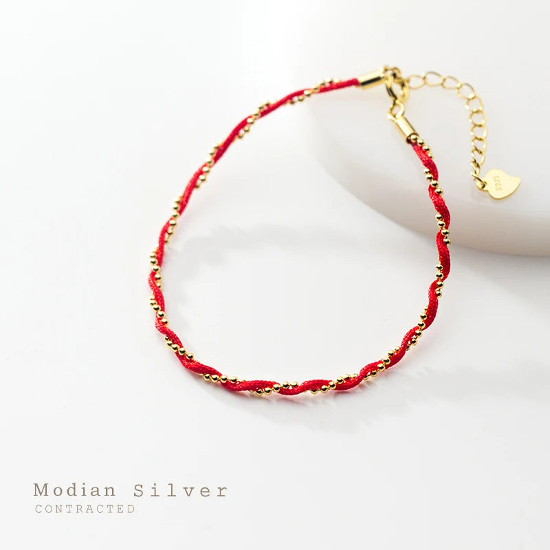 Elegant Red Rope Beads Bracelet for Women - Exquisite Adjustable 925 Sterling Silver Geometric Link Chain Fine Jewelry