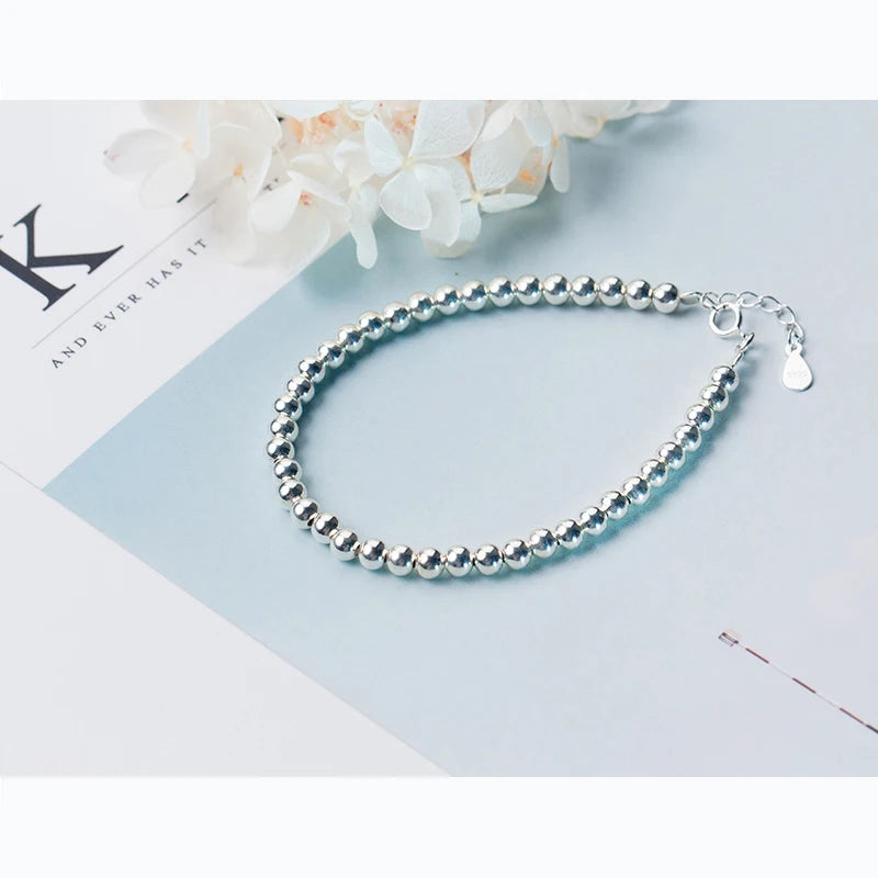 Elegant Trendy 925 Sterling Silver Little Ball Strand Bracelet - Adjustable Fine Jewelry for Women, Perfect Gift for Any Occasion