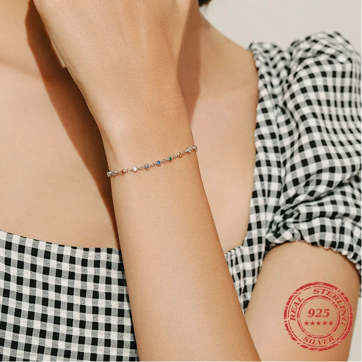 Exquisite Bohemia Style Charm Bracelet for Women in Real 925 Sterling Silver, Featuring Dazzling Rainbow CZ Stones - A Stunning Fashion Jewelry Accessory