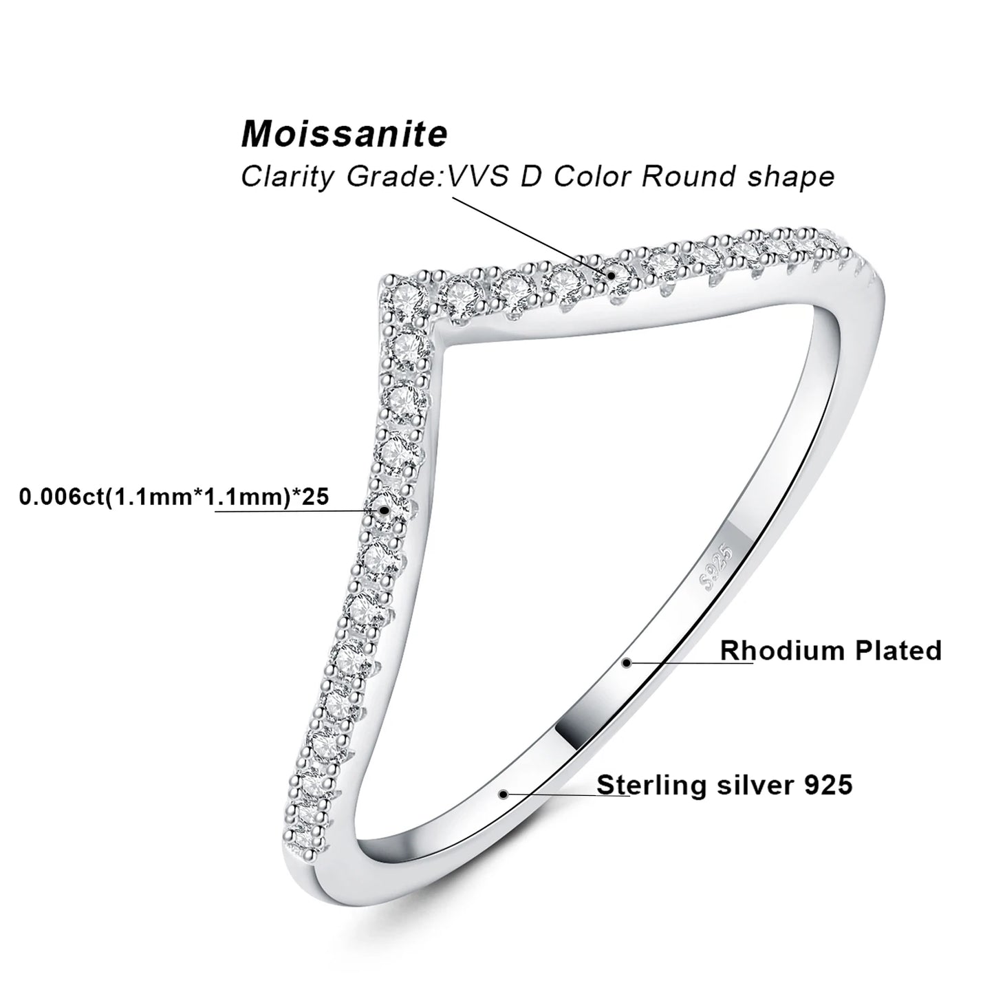 Radiant Moissanite D Color Round Cut 925 Sterling Silver V Shape Stackable Wedding Ring for Women with Yellow Rose Gold Plating