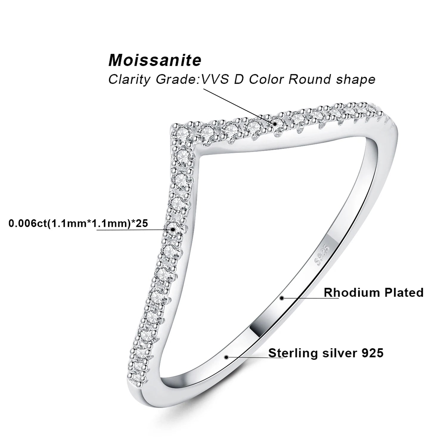 Radiant Moissanite D Color Round Cut 925 Sterling Silver V Shape Stackable Wedding Ring for Women with Yellow Rose Gold Plating
