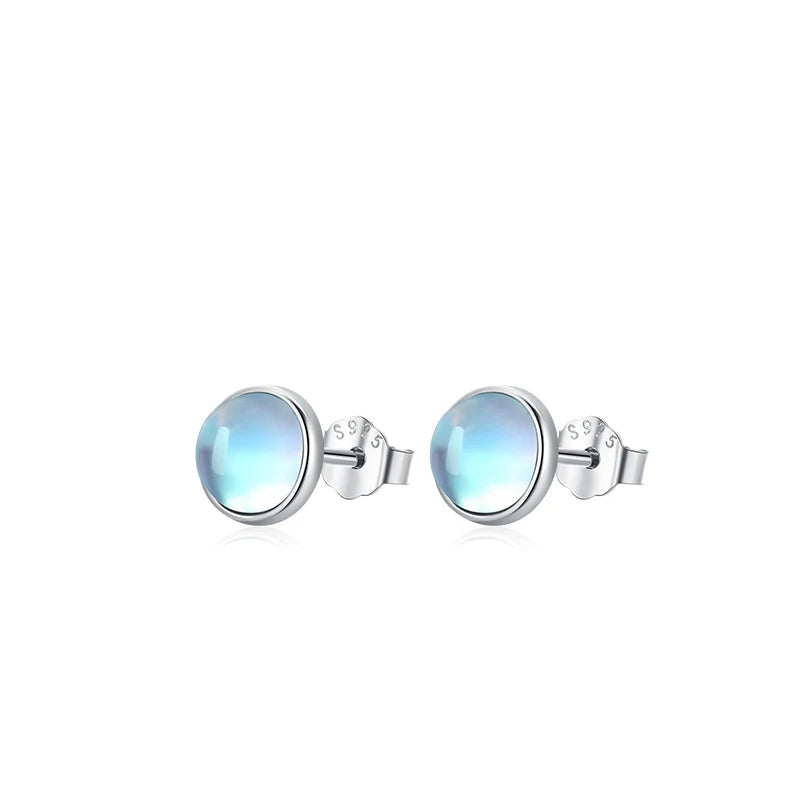 Elegant 925 Sterling Silver Round Moonstone Stud Earrings - Radiate Charm with Platinum Plated Design for Women
