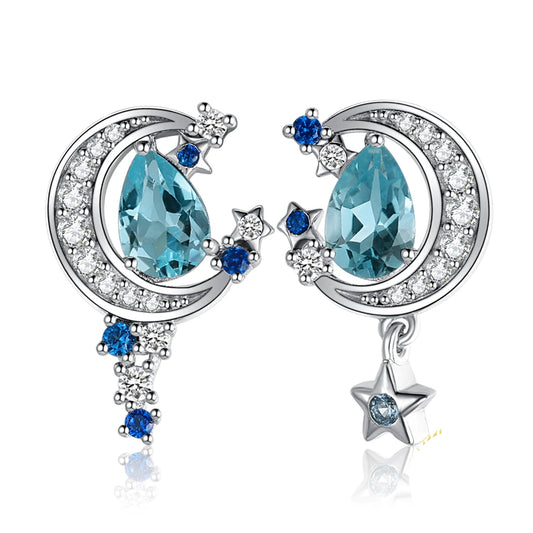 Elegant Moon Star 2.7Ct Genuine Sky Blue Topaz Stud Earrings in 925 Sterling Silver for Women