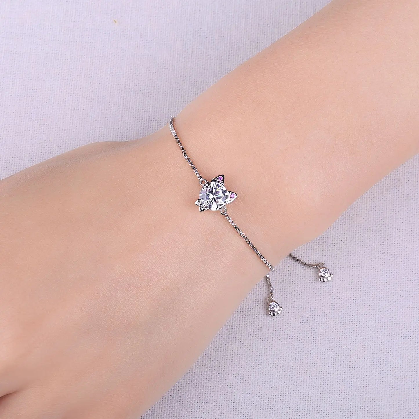 New Arrival: Exquisite 1.7Ct Round Gemstone Adjustable Love Cat Bracelet in 925 Sterling Silver - A Perfect Gift for Women