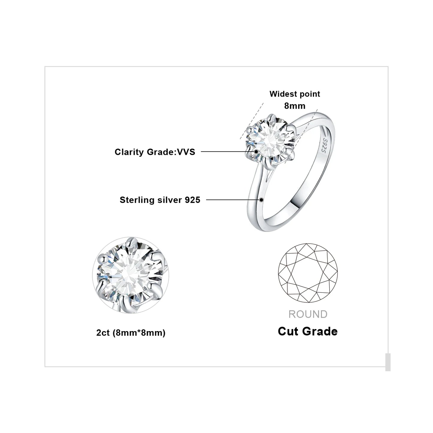 Exquisite Moissanite D Color Solitaire Round Cut Engagement and Wedding Ring in S925 Sterling Silver - Available in 0.5Ct, 1Ct, 1.5Ct, and 2Ct for Women